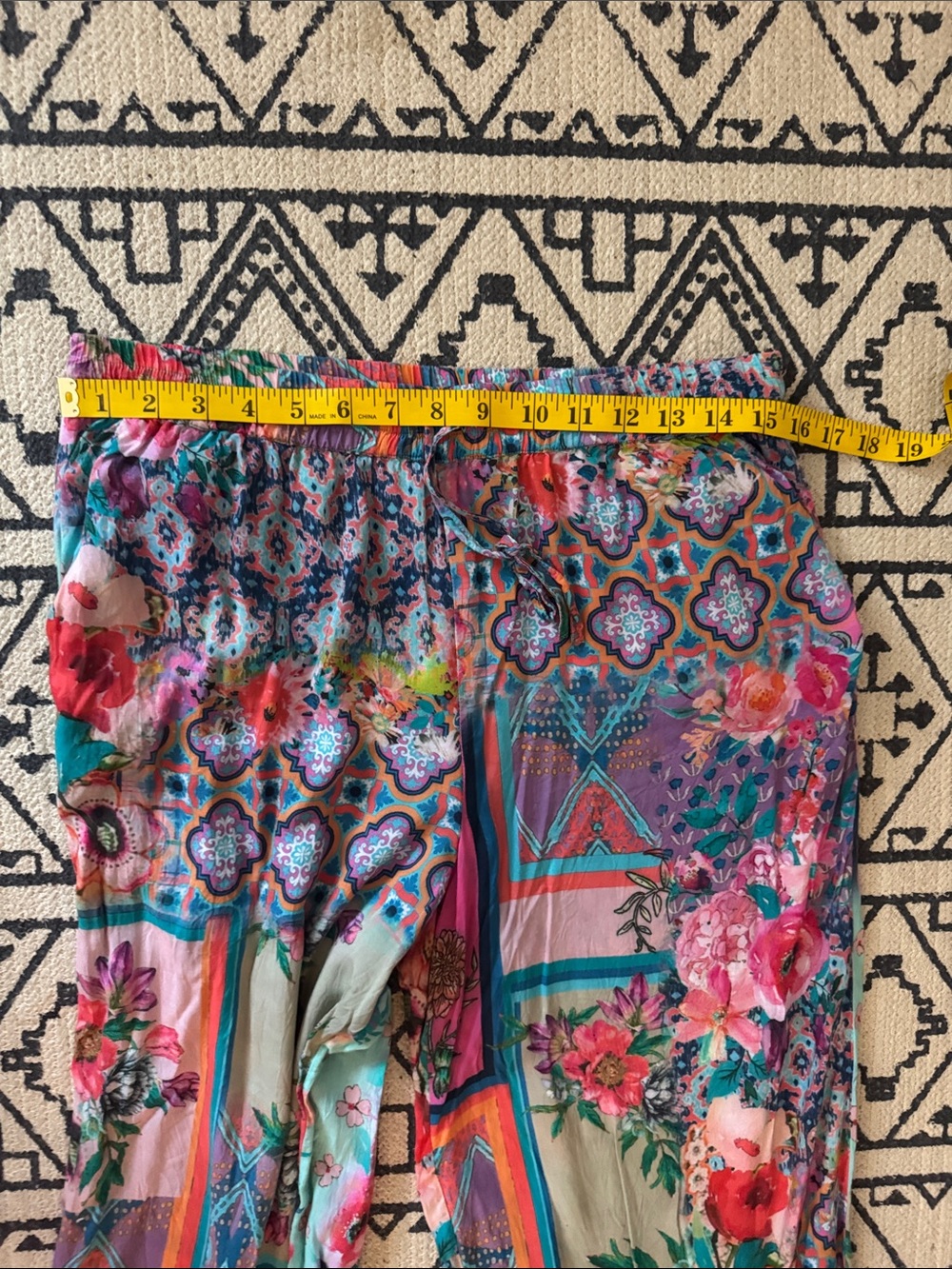 Floral Patchwork Print Wide-Leg Women's Pants - Teal Pink - Picture 4 of 9